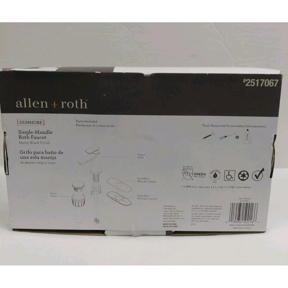 Allen + Roth Dunmore Matte Black Single Handle 1-Handle Bath Faucet *New*